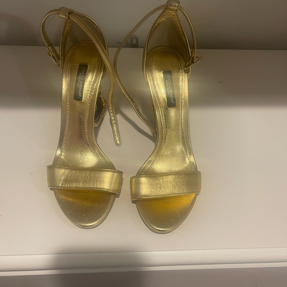 DOLCE&GABBANA Sculpted-Heel Metallic Leather Sandals